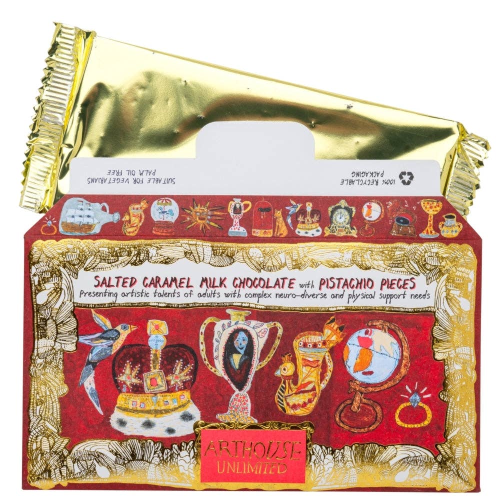 Decorative chocolate packaging with gold and red design on a white background