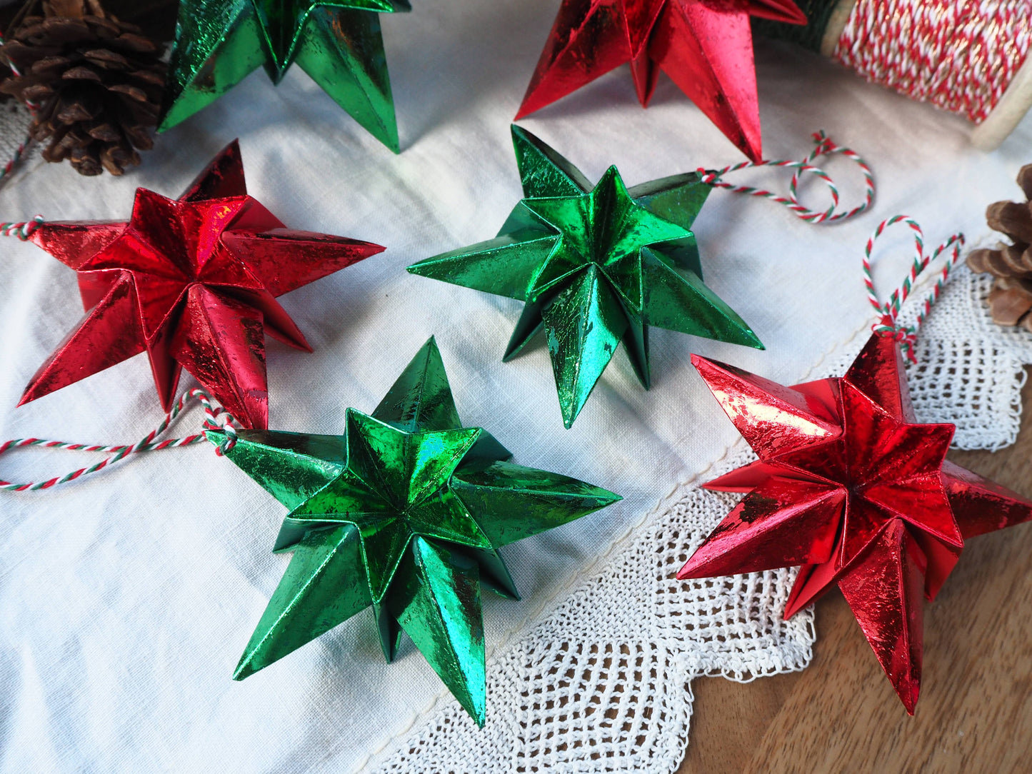 Origami Metallic Paper Star Decoration in red or green.