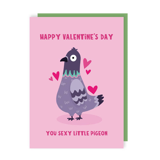 Valentine's Day card with a cartoon pigeon and hearts on a pink background