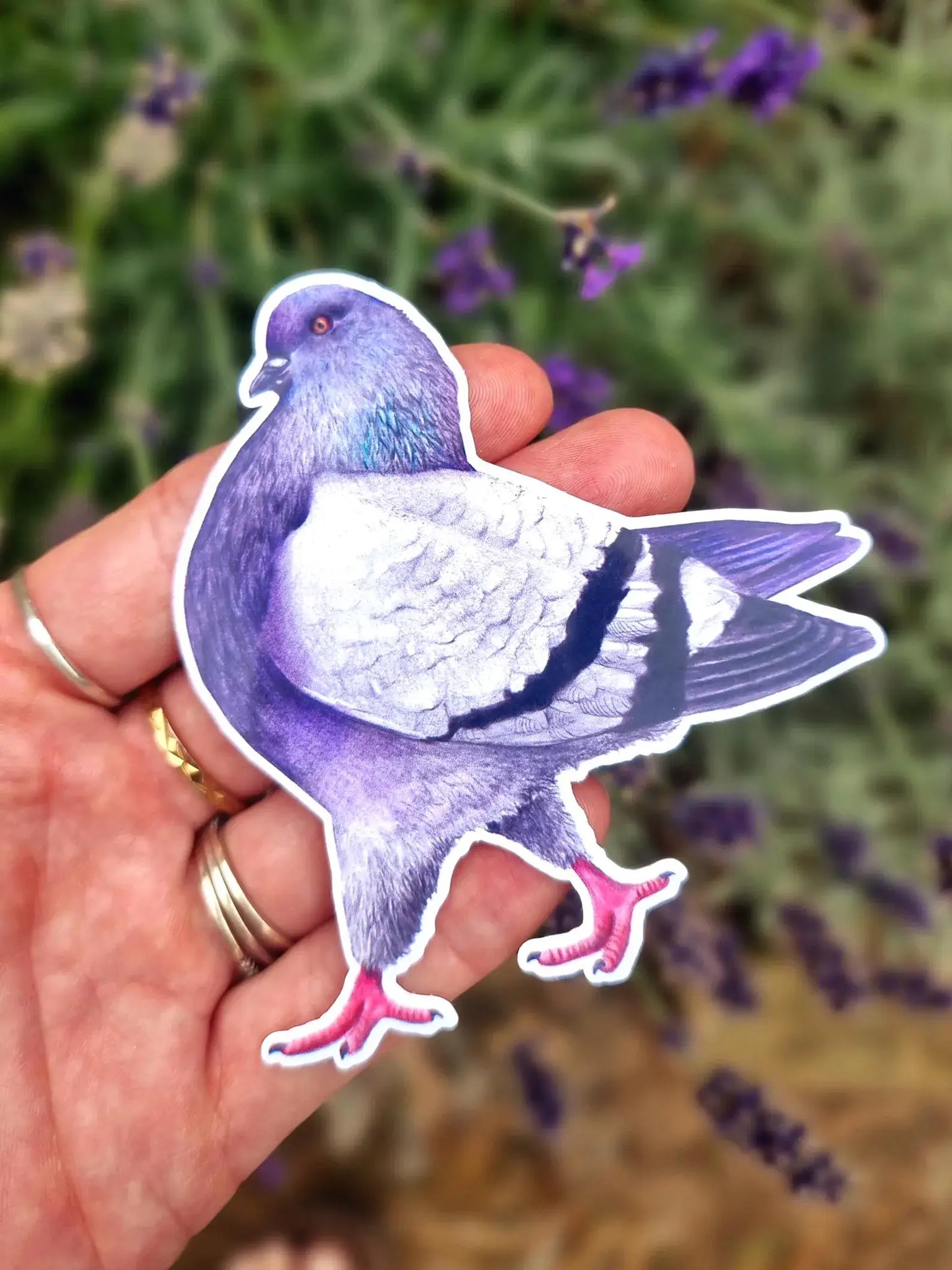 Hand holding a sticker of a purple pigeon against a blurred natural background