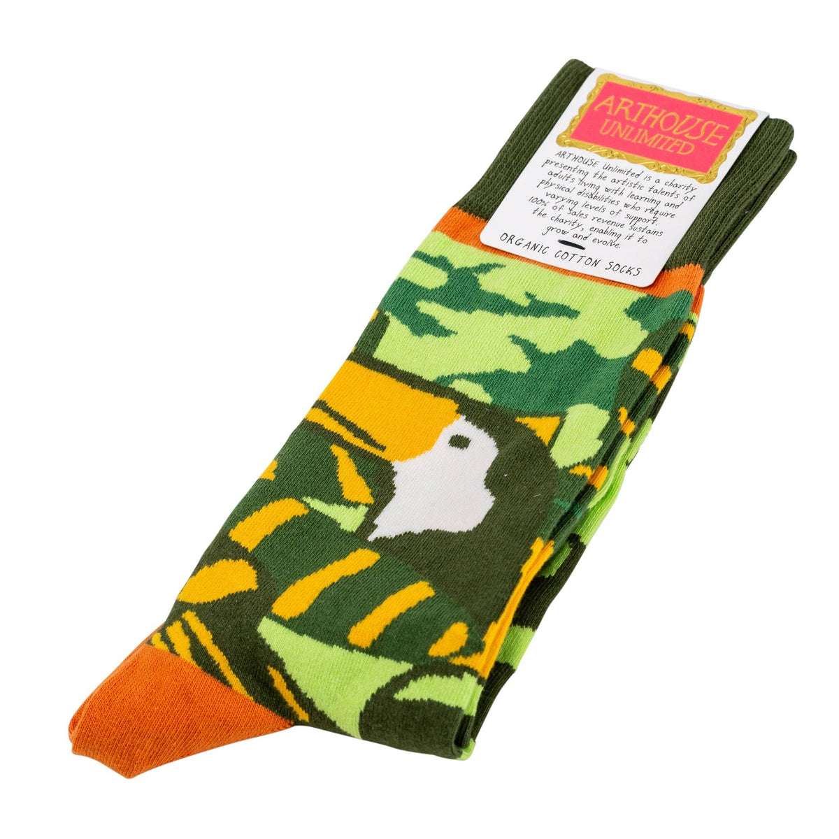 A single folded pair of socks on a white background, featuring a green camouflage pattern with yellow stripes, a white bird silhouette, and an orange toe and heel. A paper tag at the cuff reads 'ARTHQUE BRIMMED'.