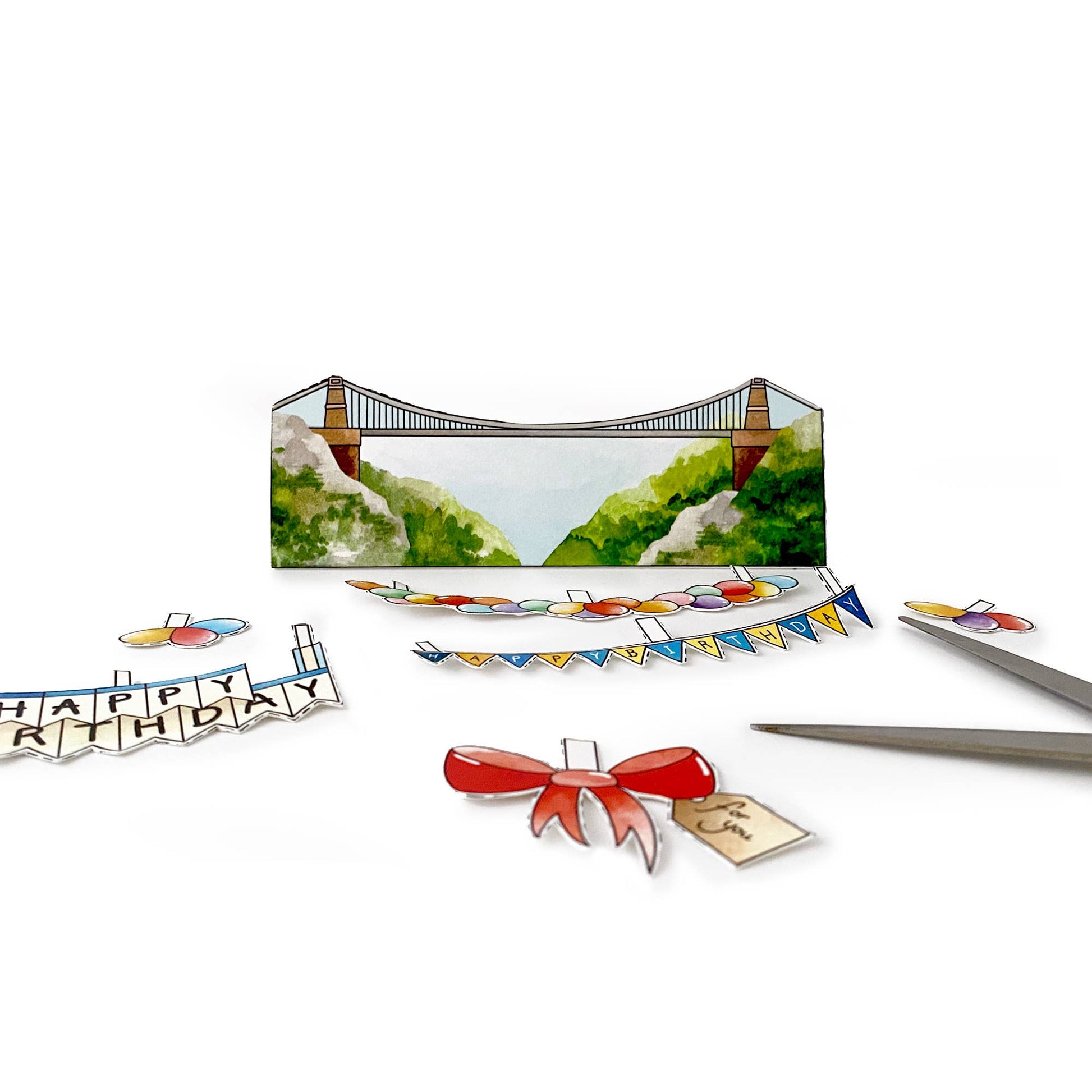 Greeting card with scenic view, 'Happy Birthday' banner, and decorative elements on a white background