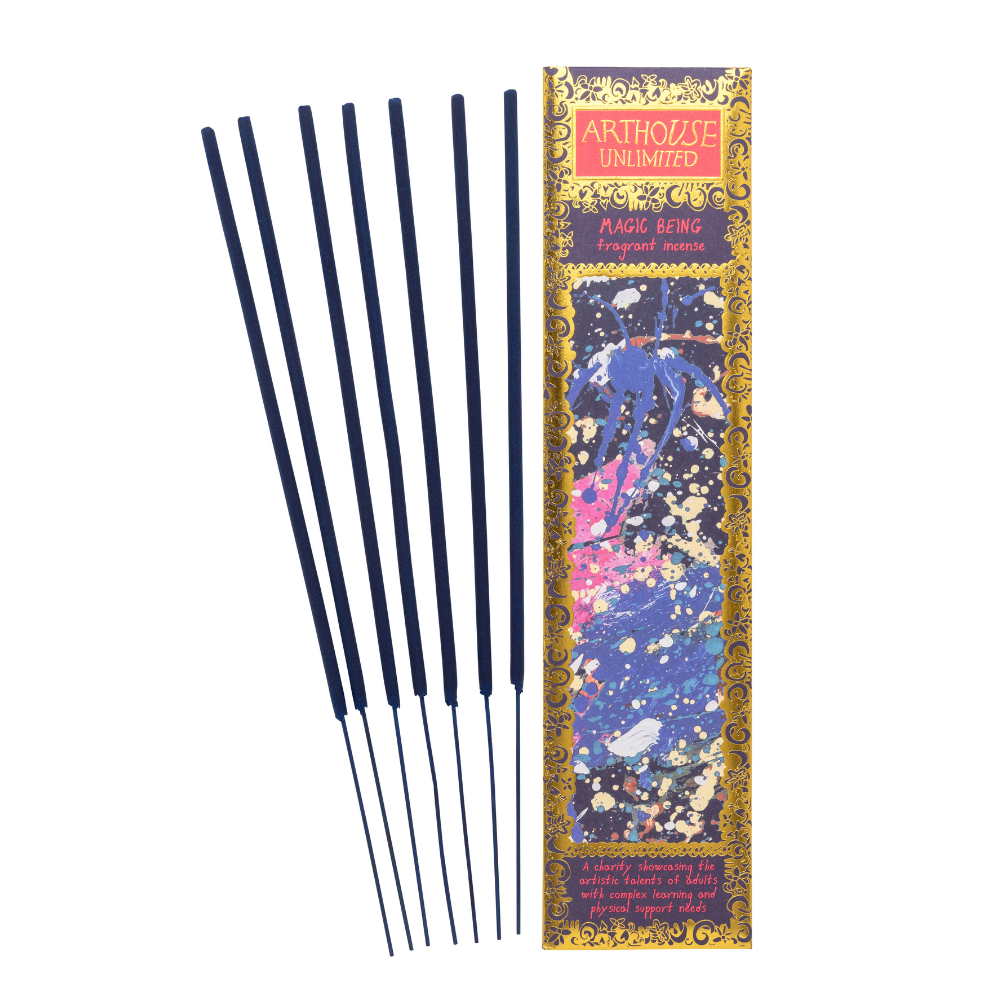 Incense sticks with their packaging featuring artistic design and text.