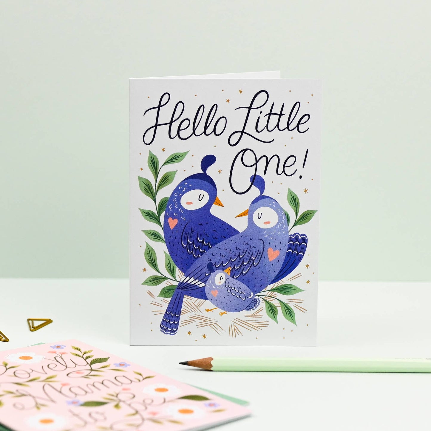 Hello Little One.  New Baby Card.  Love Birds with a baby bird.