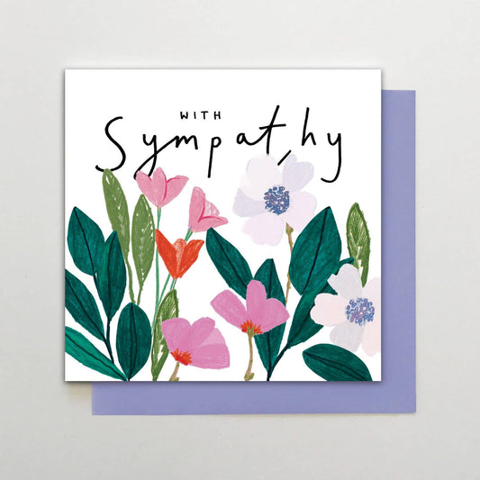 Sympathy card with floral design and 'With Sympathy' text on a white background