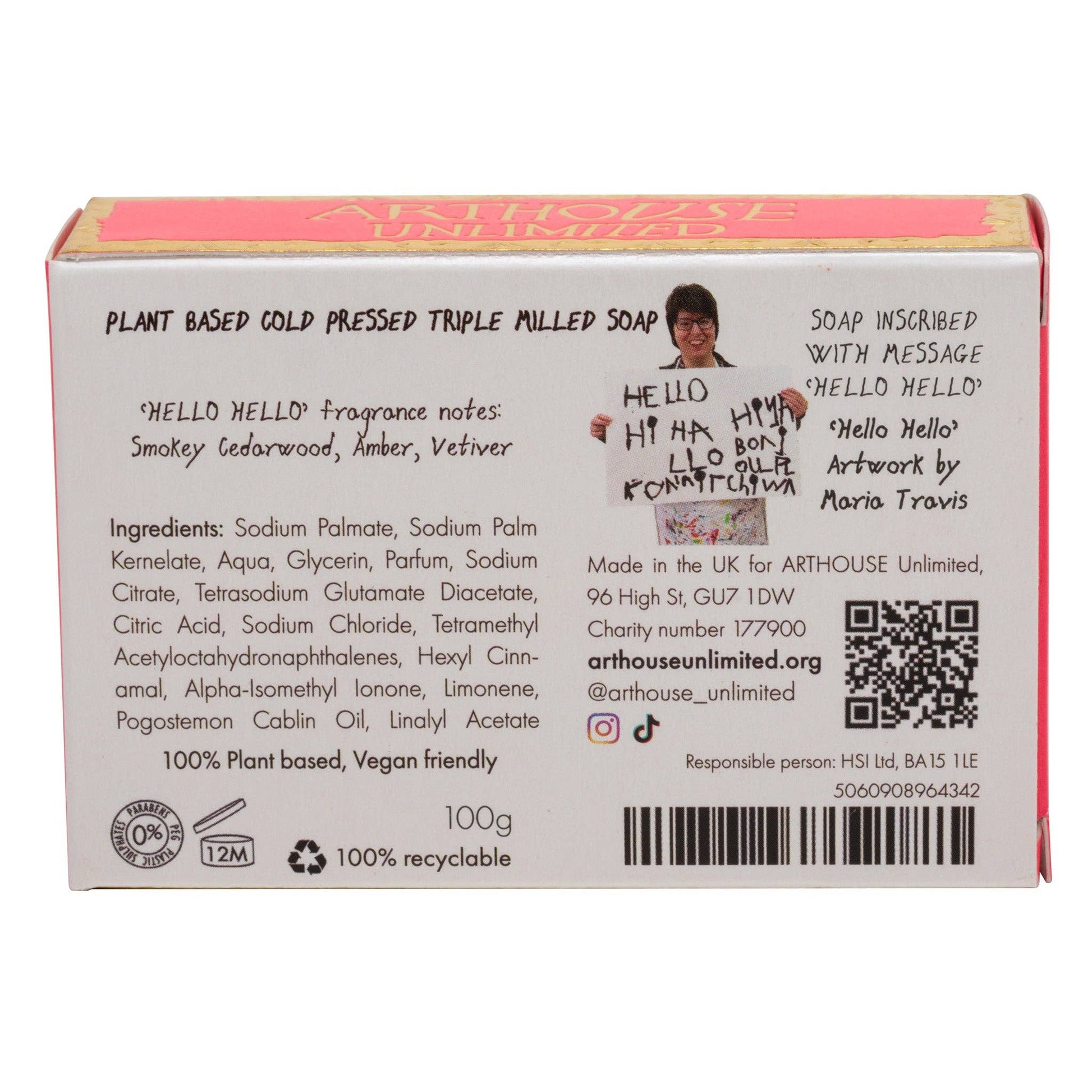 Back of a soap packaging box with text and branding