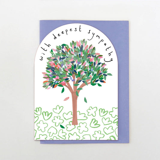 Sympathy card with a tree illustration and 'with deepest sympathy' text on a white background.