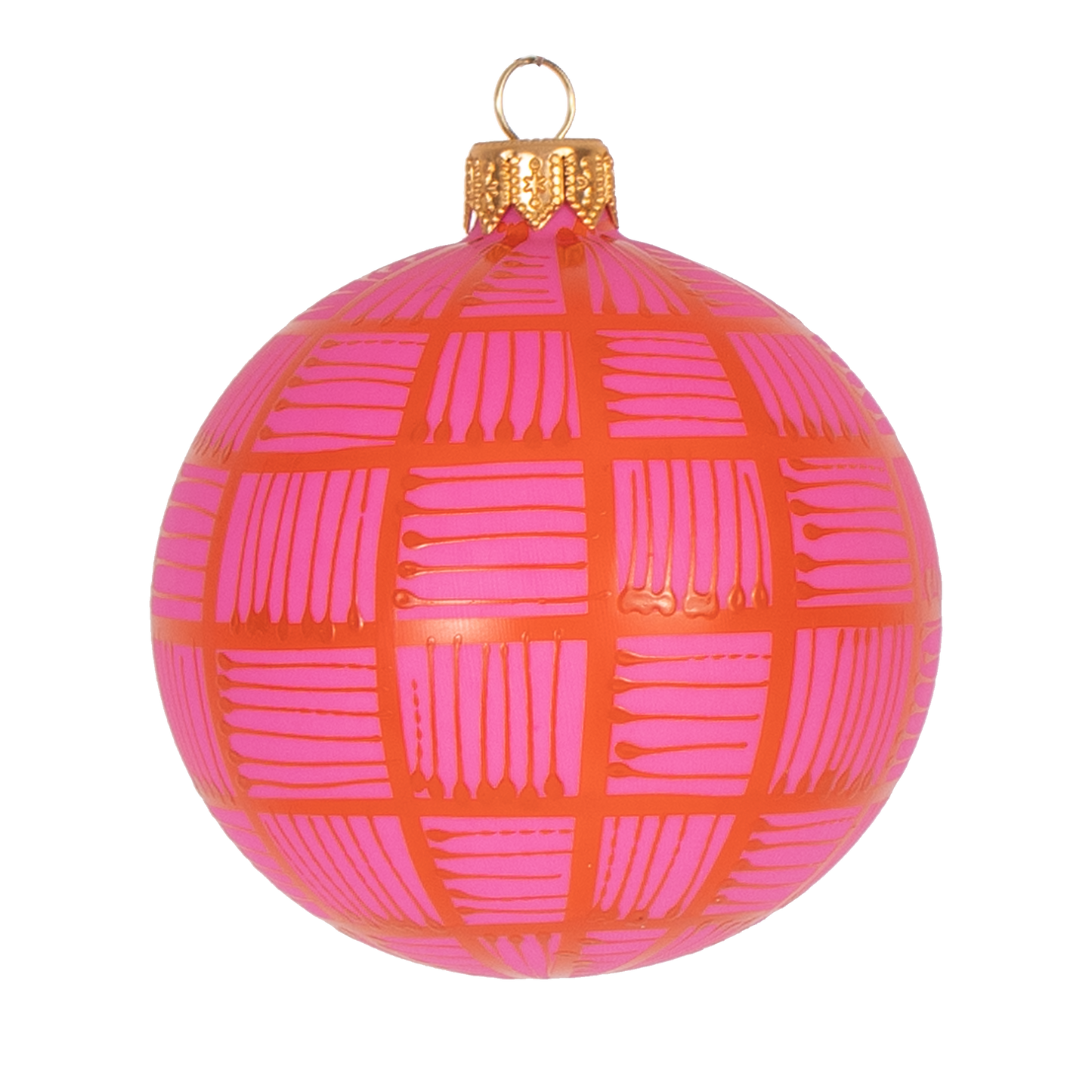 Lines Glass Christmas Bauble Orange on Pink, 8cm