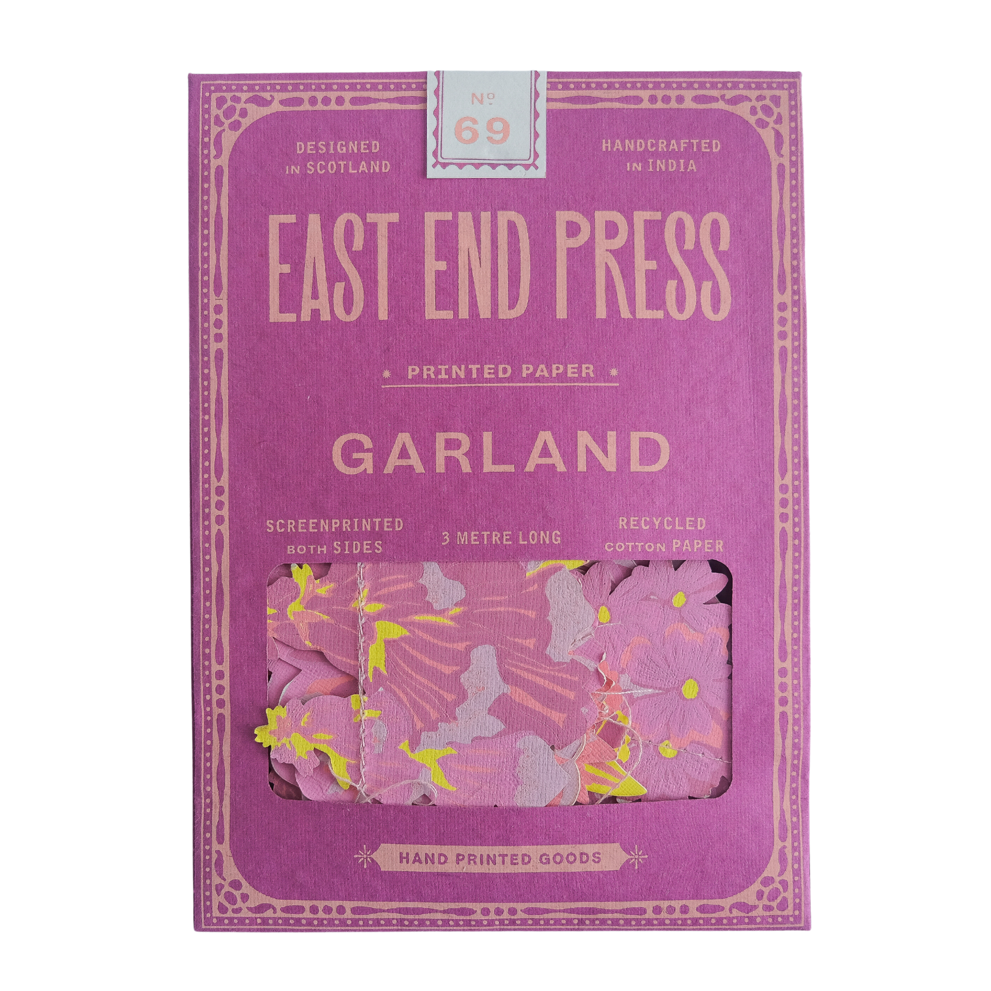Purple packaging of East End Press Garland printed paper with floral design