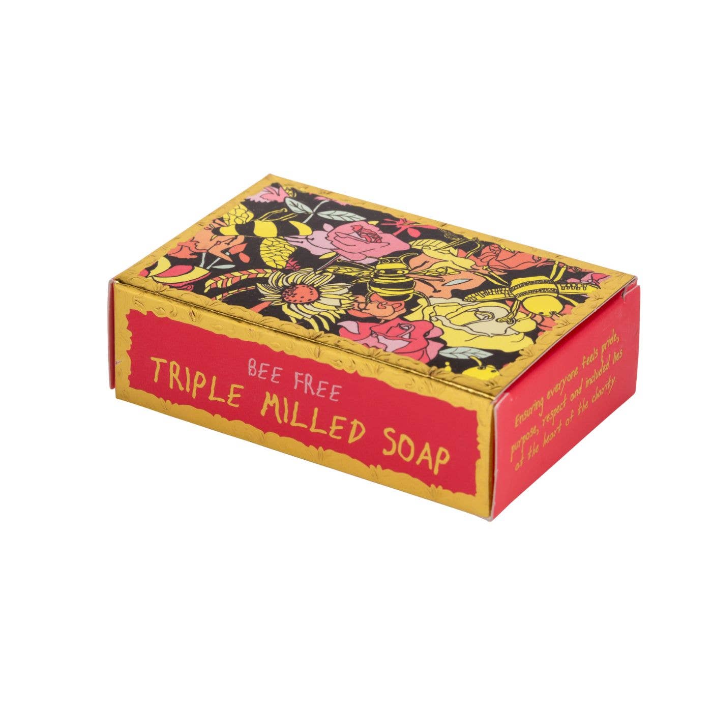Box of triple milled soap with floral and bee design on a white background