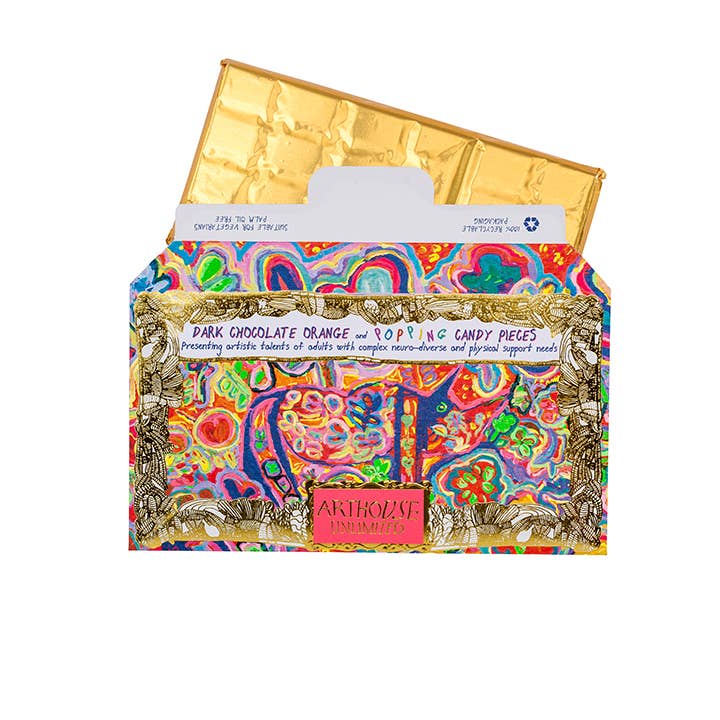 Colorful chocolate packaging with gold foil and colorful design on a white background