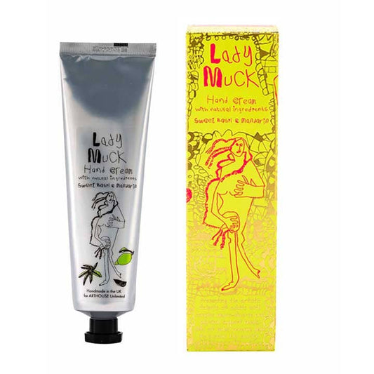 Hand cream tube and packaging with 'Lady Muck' branding on a white background