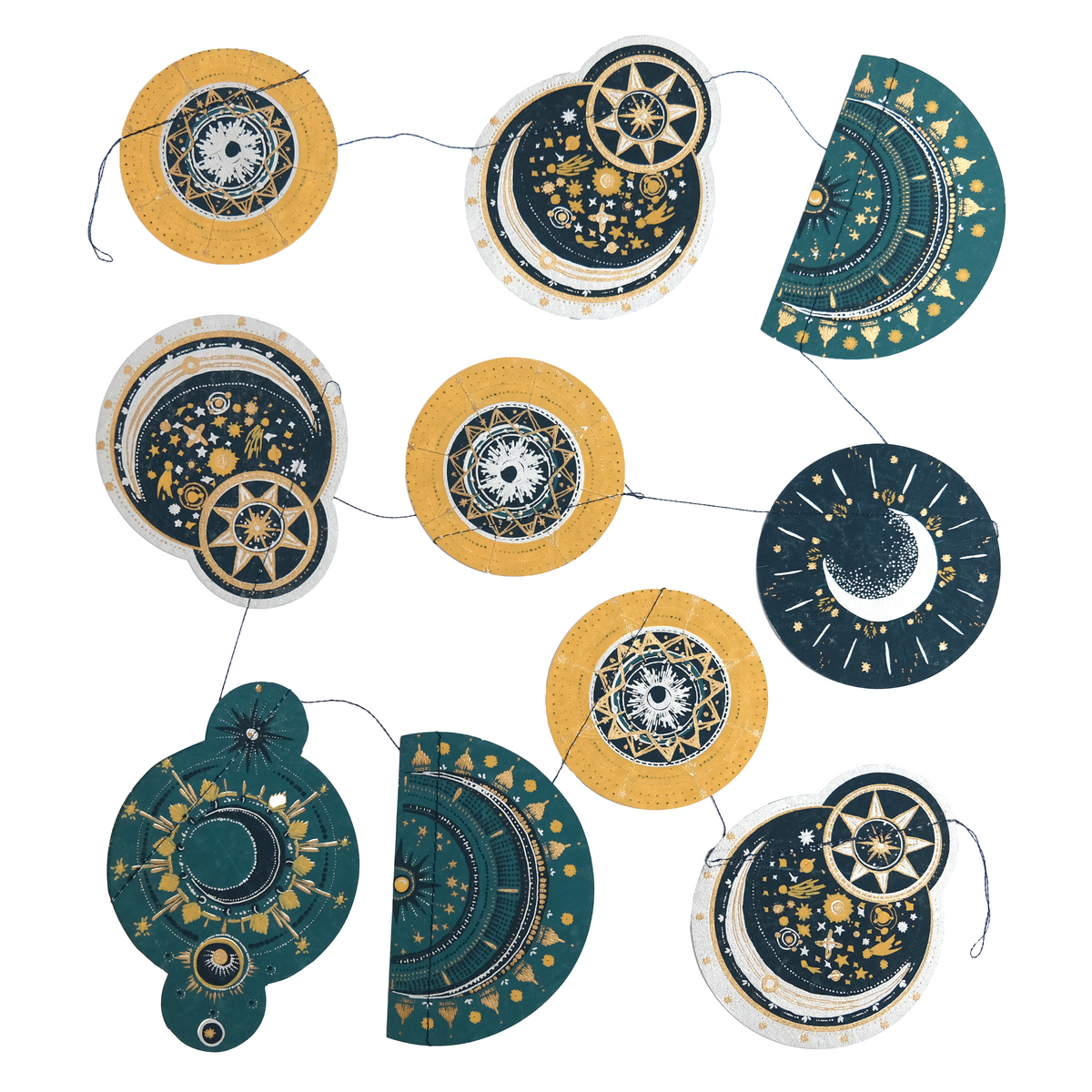 Decorative string with circular, celestial-themed ornaments on a white background