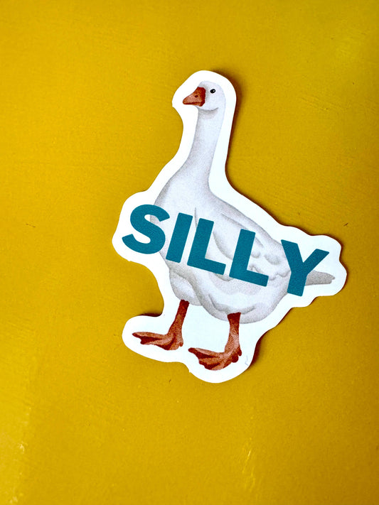 Sticker of a goose with 'SILLY' text on a yellow background