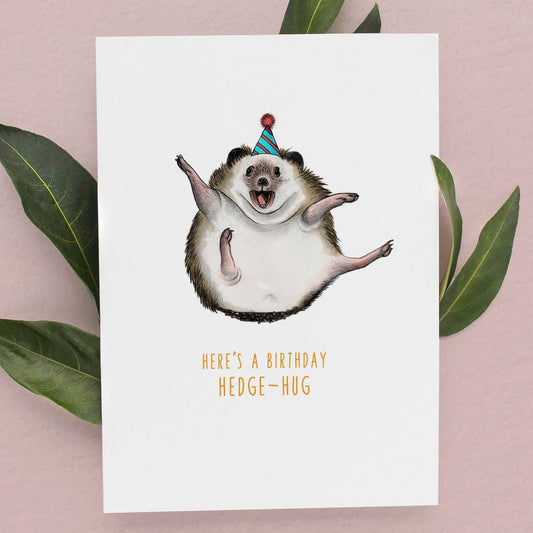 Birthday card with a hedgehog wearing a party hat on a pink background with green leaves.