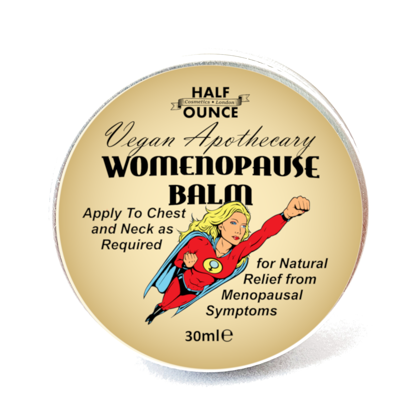 Vegan Apothecary Womenopause Balm container with superhero illustration on a white background