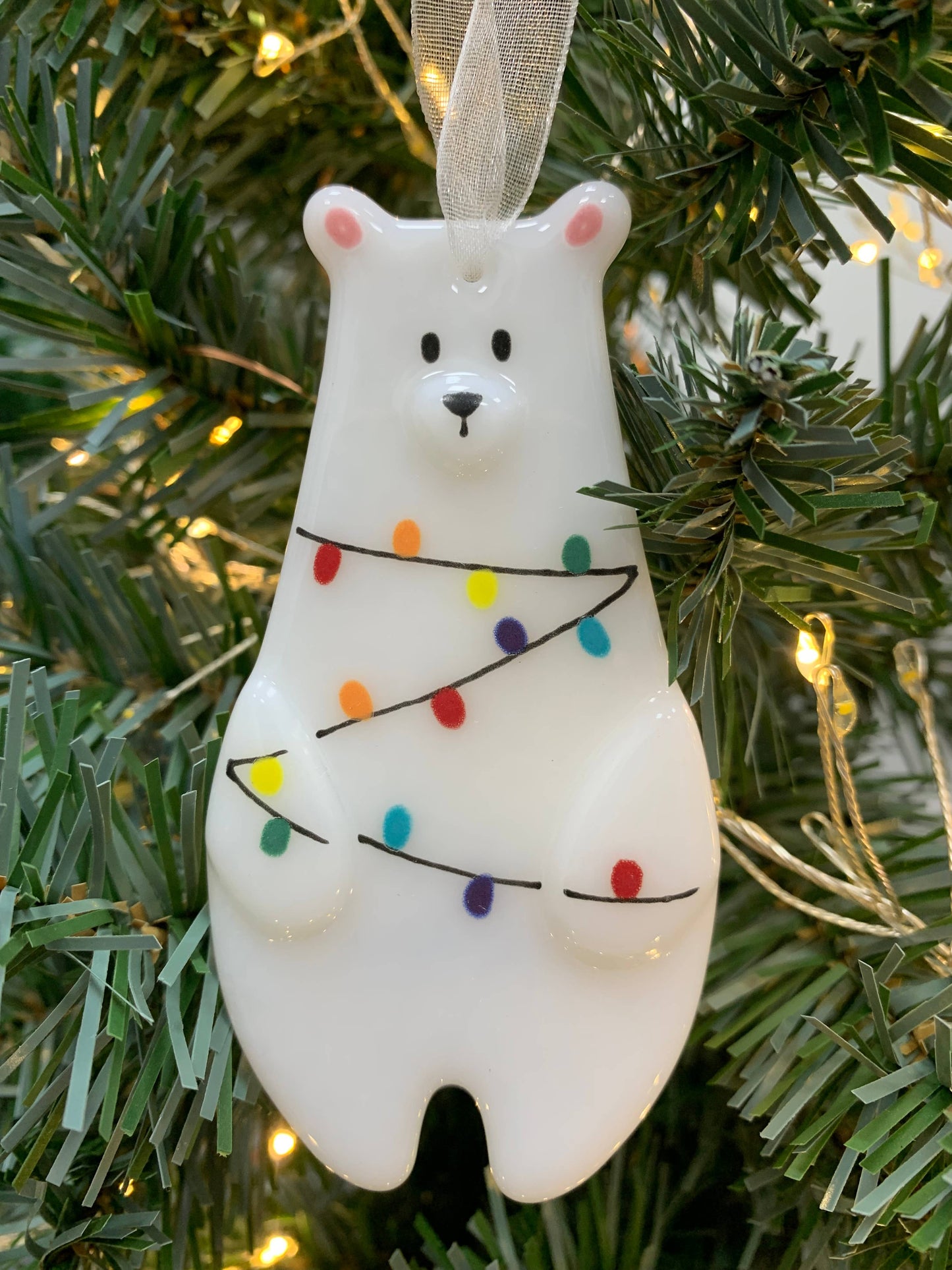 Handmade Fused Glass Polar Bear Fairy Light Tree Decoration