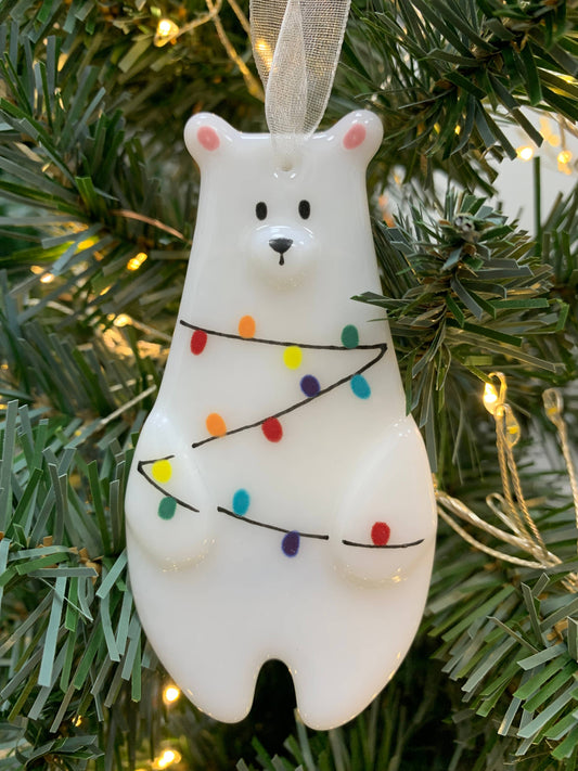 Handmade Fused Glass Polar Bear Fairy Light Tree Decoration