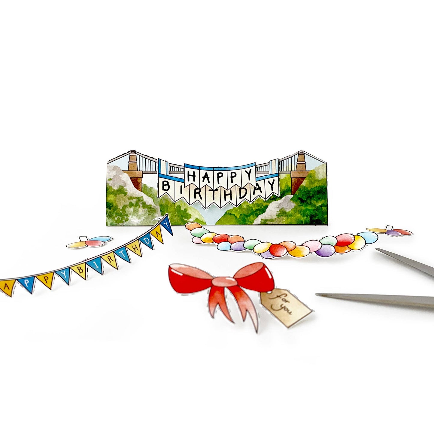 Birthday banner with colorful decorations on a white background