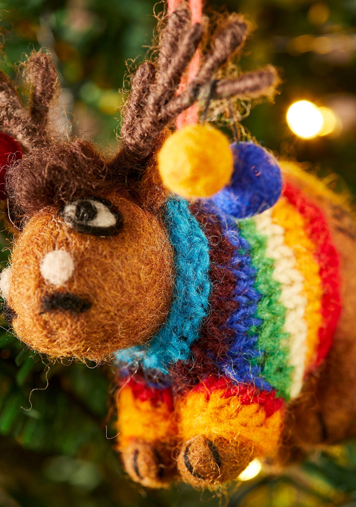 Fair Trade felted reindeer with baubles and jumper