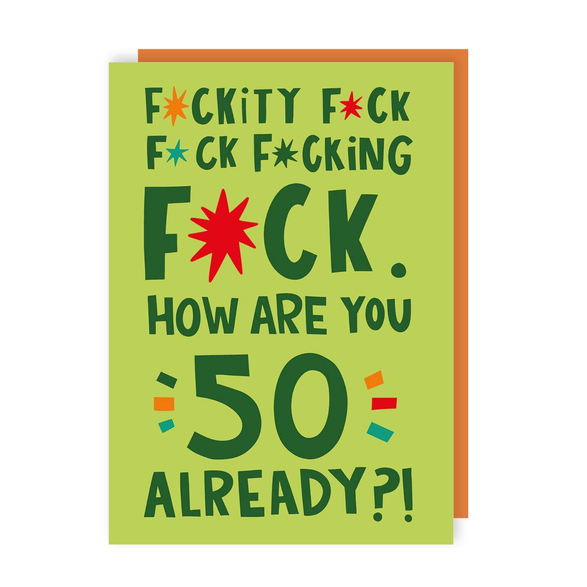 50th Birthday card with colorful text on a green background