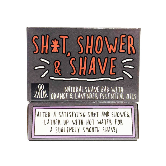 Shave bar packaging with humorous text and essential oil information on a white background