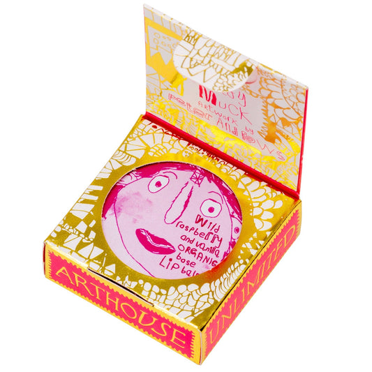 Pink lip balm in a decorative yellow and red box with 'Arthouse' branding.