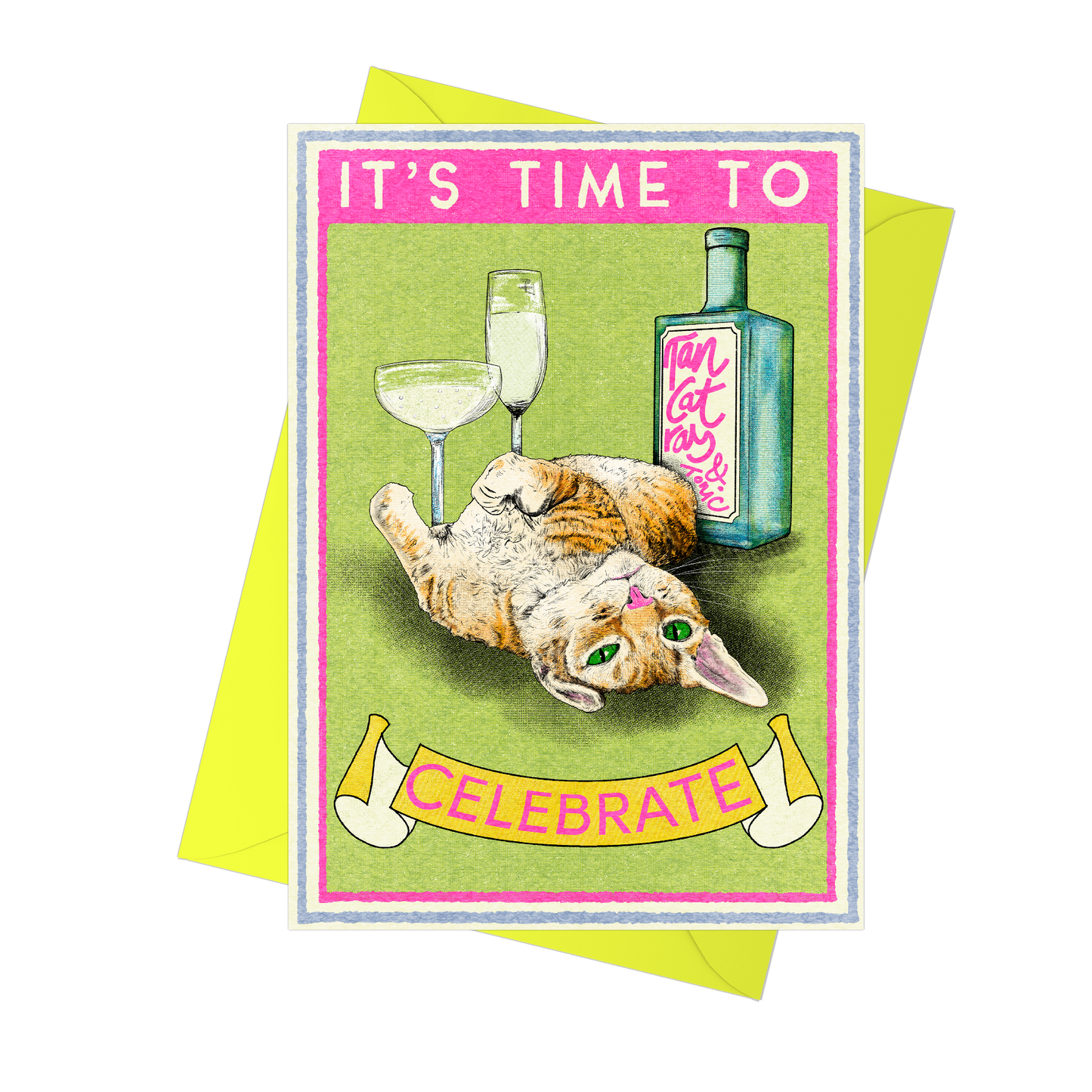 Greeting card with a cat and celebratory text on a green background