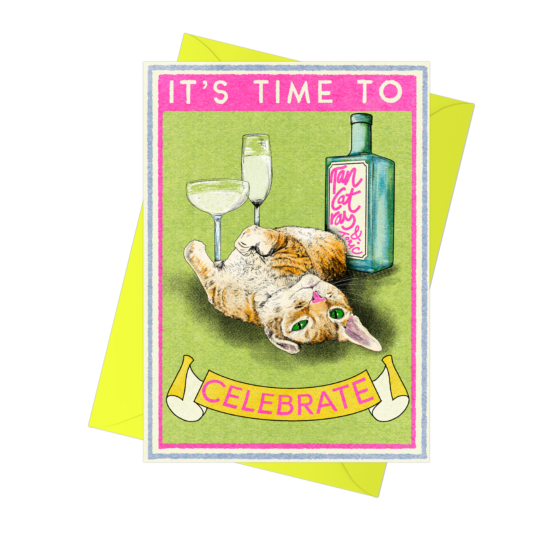 Greeting card with a cat and celebratory text on a green background