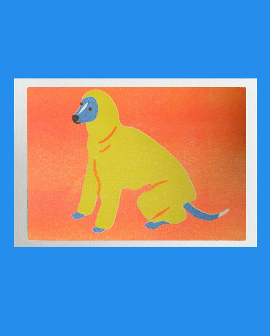 Illustration of a yellow dog with blue accents on an orange background