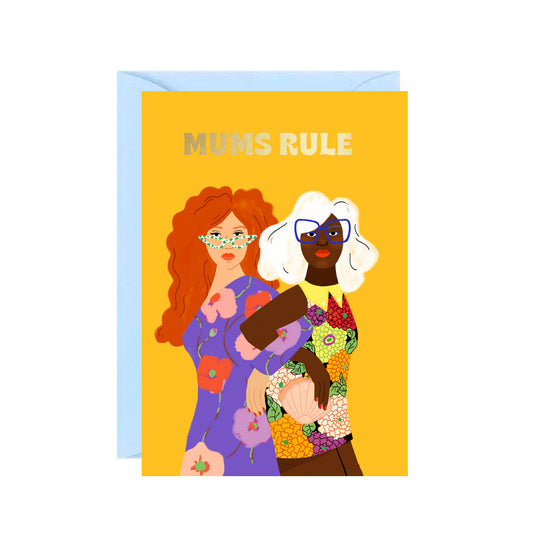 Greeting card with illustration of two women and 'Mums Rule' text on a yellow background
