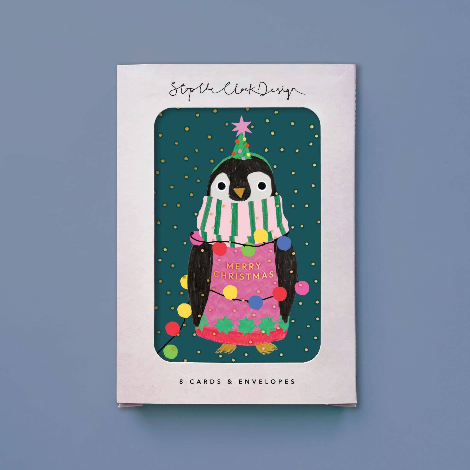 Pack of Christmas cards with a penguin design on a blue background
