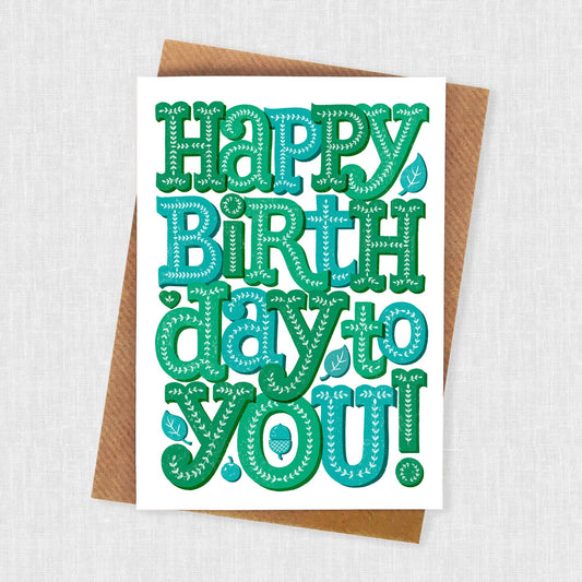 Birthday Card. Blank inside. Decorated text in Green and blue reads Happy Birthday You.