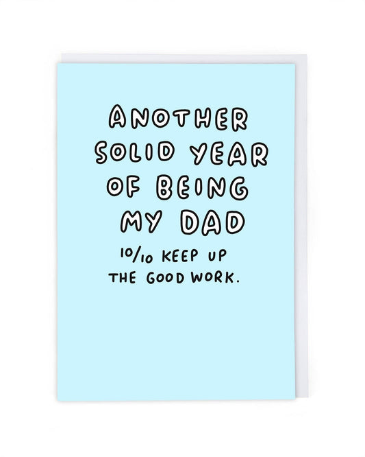 Light blue card with black text congratulating a father on his achievements.