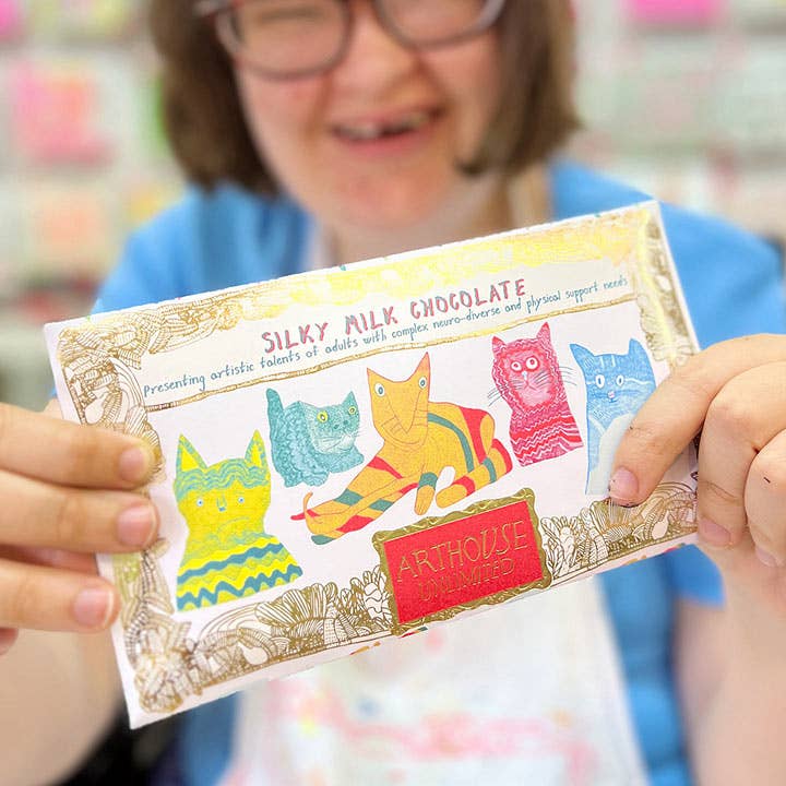 Person holding a chocolate bar with colorful packaging featuring cat illustrations.