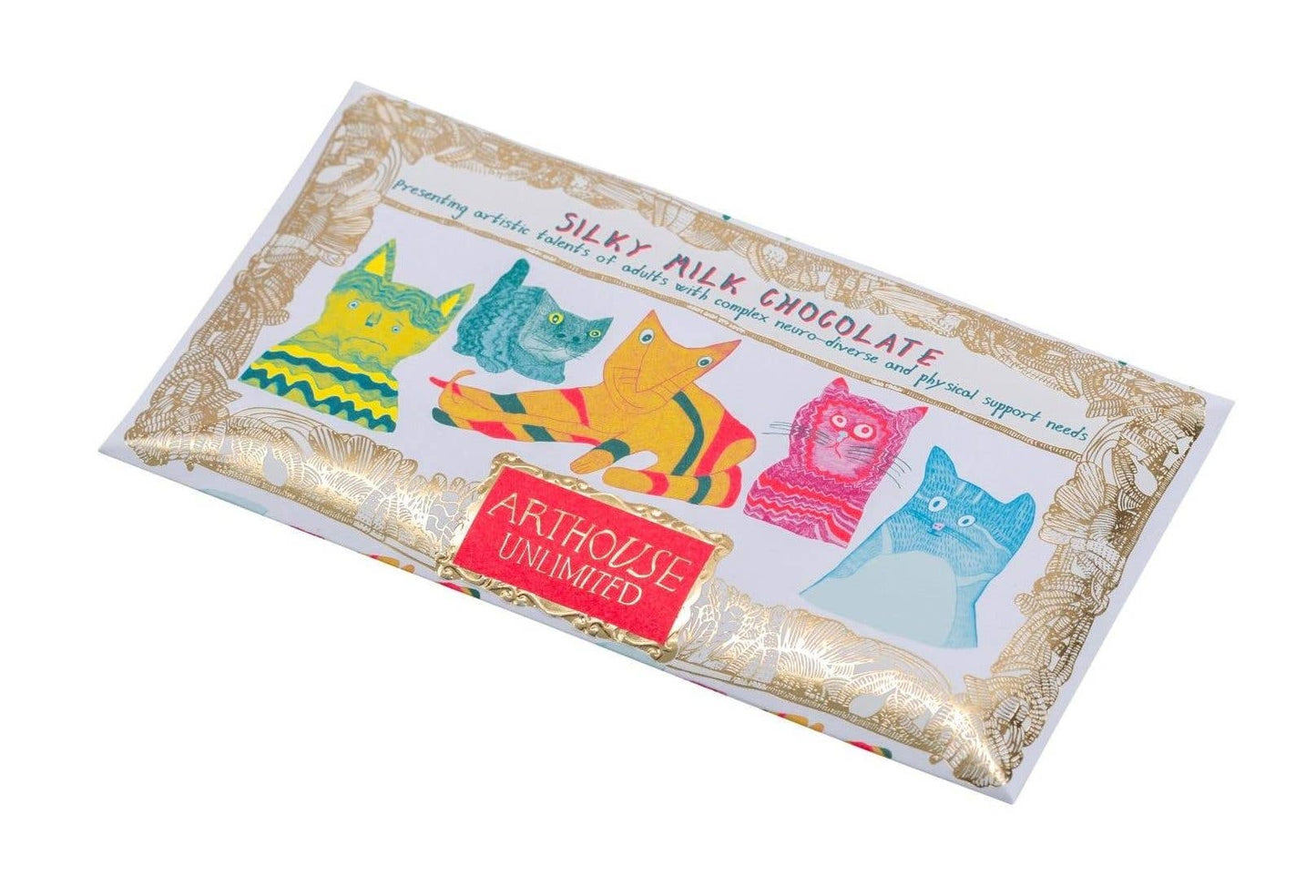 Silky milk chocolate bar with colorful cat illustrations on a white background