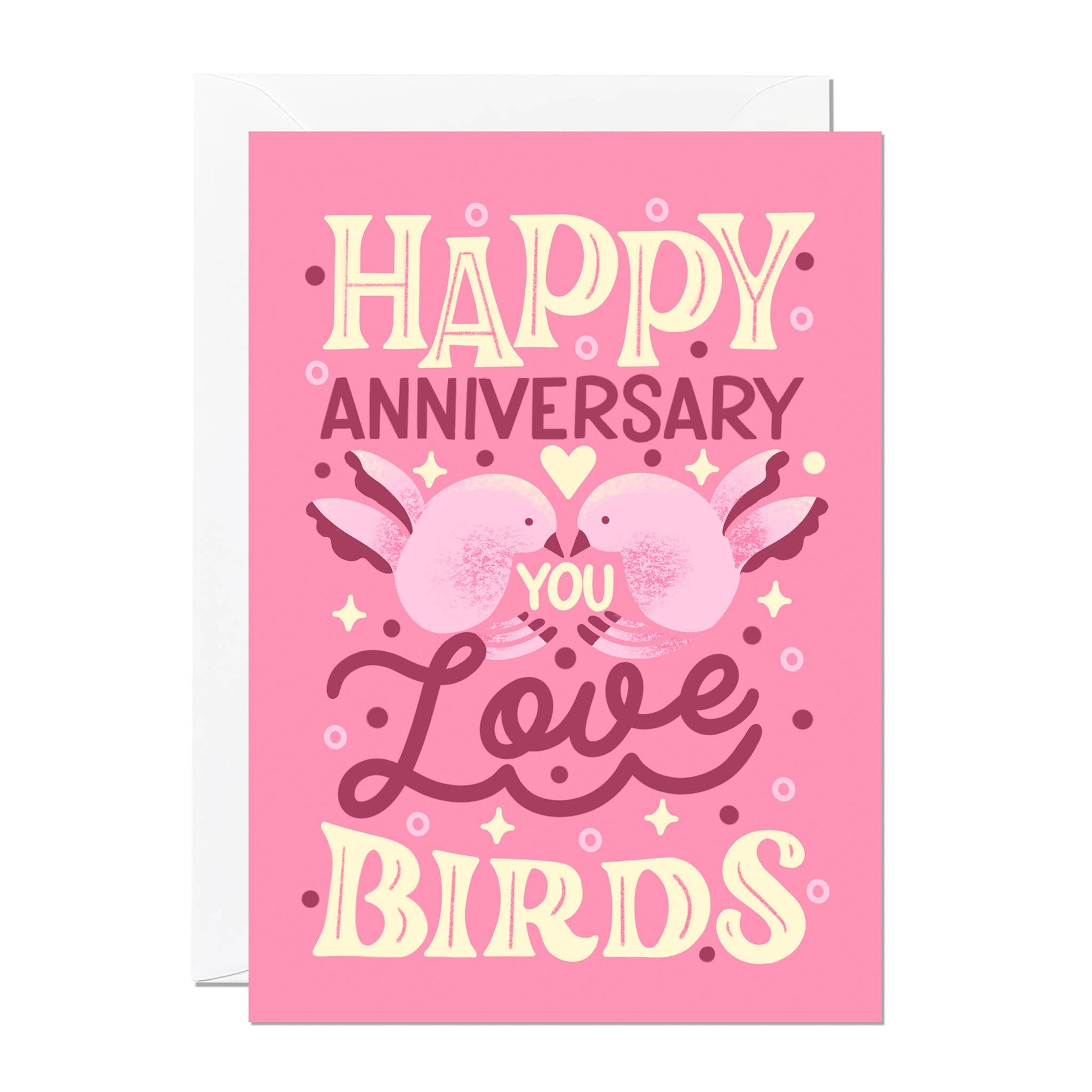 Pink card with 'Happy Anniversary You Love Birds' text and bird illustrations on a white background