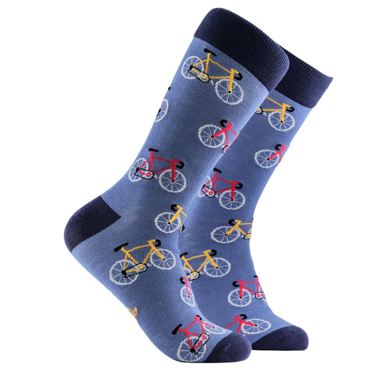 A pair of blue crew socks with a repeating bicycle pattern in yellow, red, and white, featuring solid navy blue heels, toes, and cuffs, shown on a plain white background.