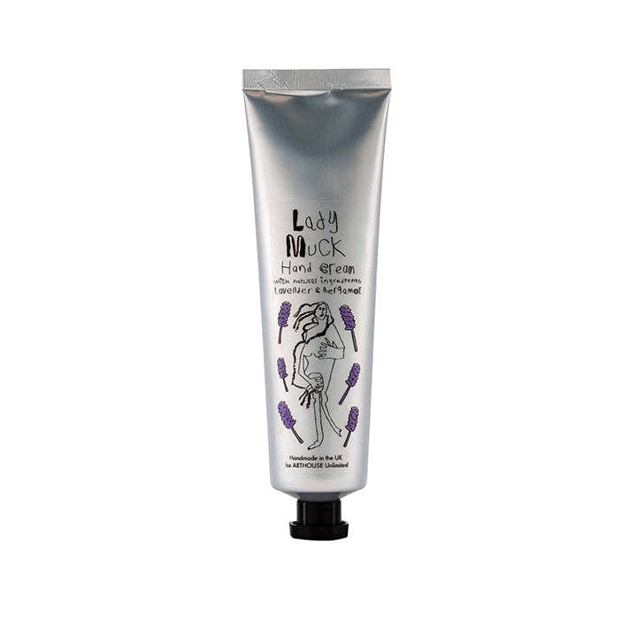 Hand cream tube labeled 'Lady Muck' on a white background