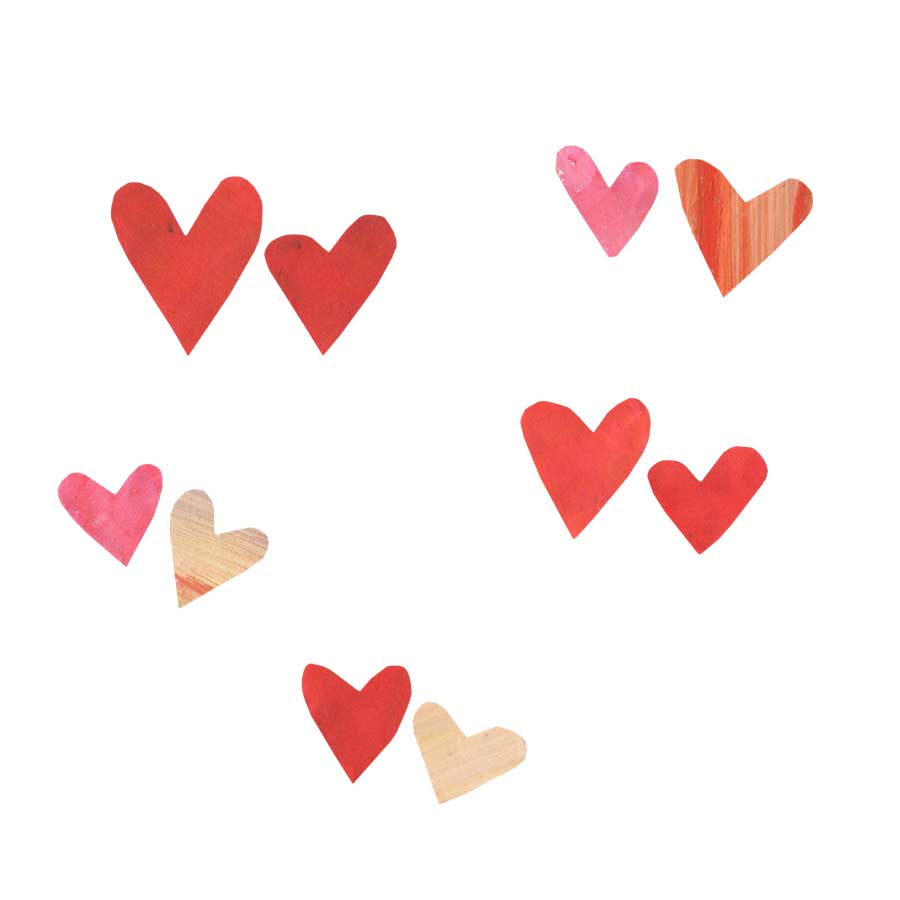 Red, pink, and beige heart shapes on a white background