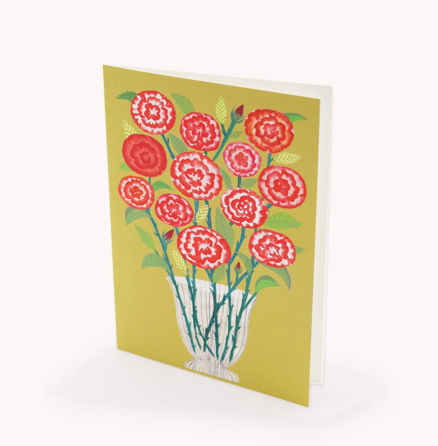 Greeting card with red floral design on a yellow background