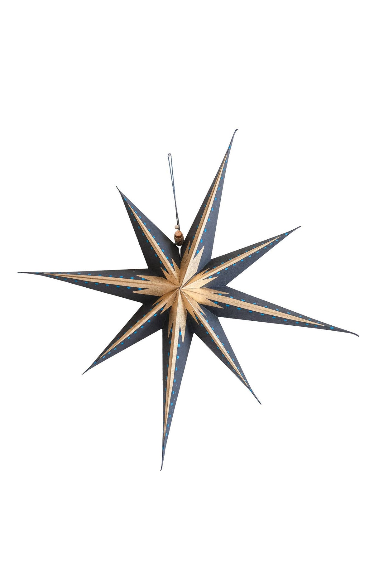A hand-painted wooden eight-pointed star ornament with a dark navy blue finish and natural light wood grain accents, shown against a plain white background.