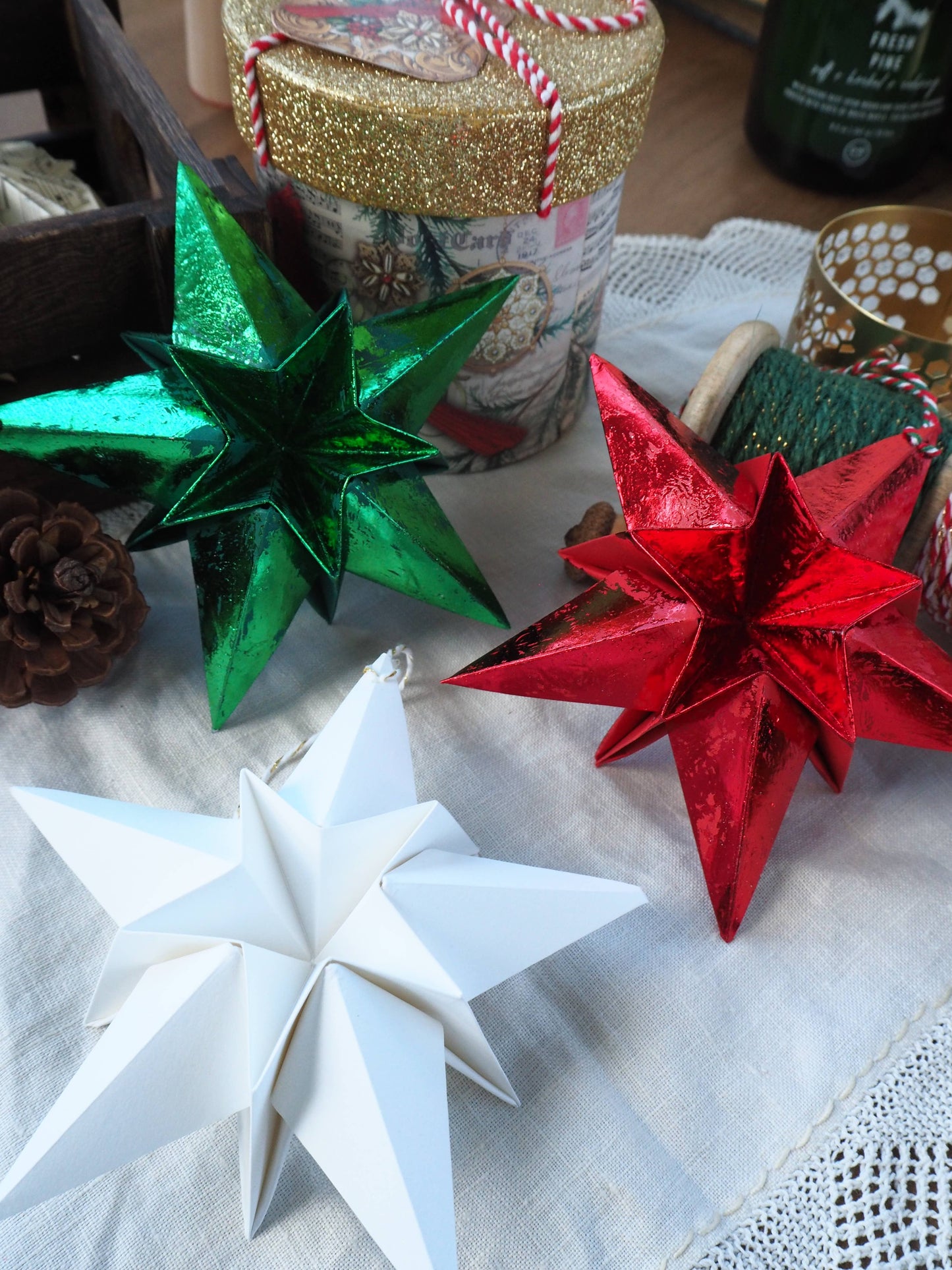 Origami Metallic Paper Star Decoration in red or green.