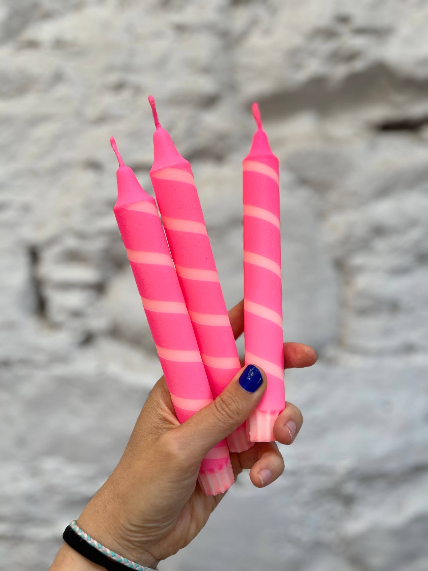 Peach & Neon Pink thin stripe Dinner Candle