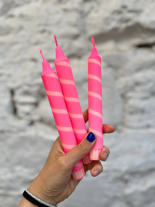 Peach & Neon Pink thin stripe Dinner Candle