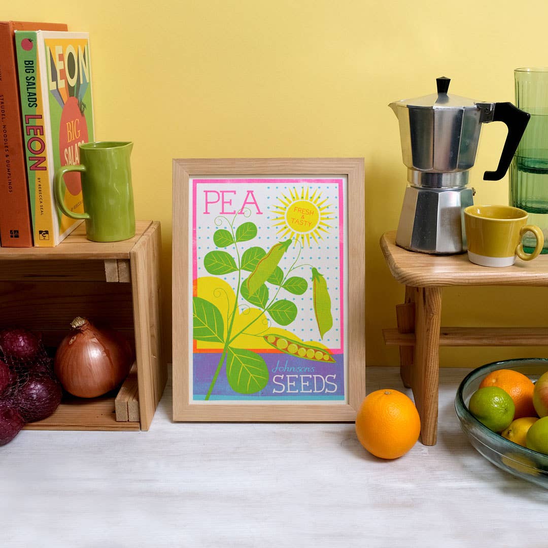Brightly coloured illustration of a seed packet for Peas. Johnsons Seeds