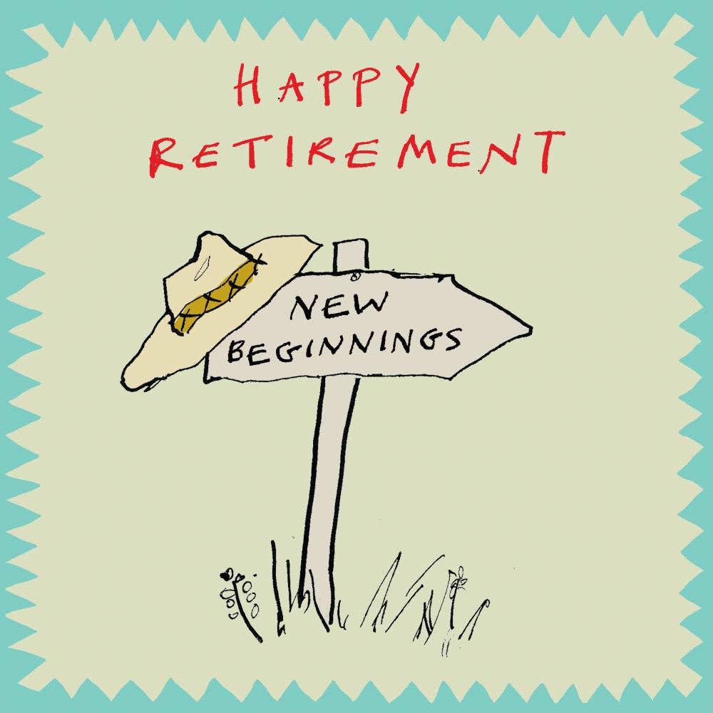 Happy Retirement card pale green with a sign reading new beginnings.