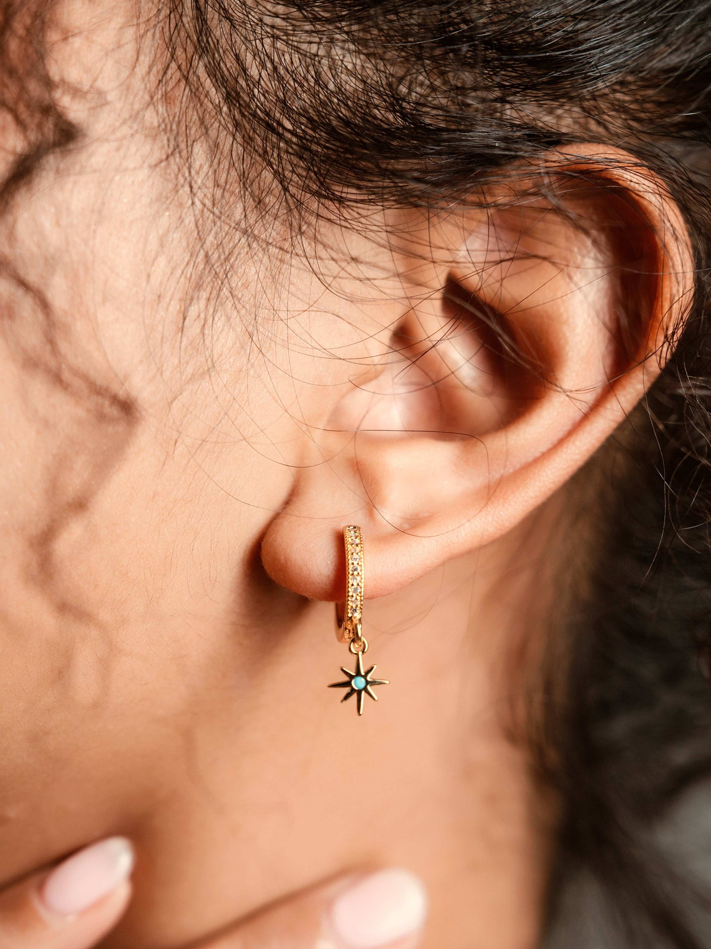 Tiny North Starburst Skye Blue CZ Huggie Hoop Earrings