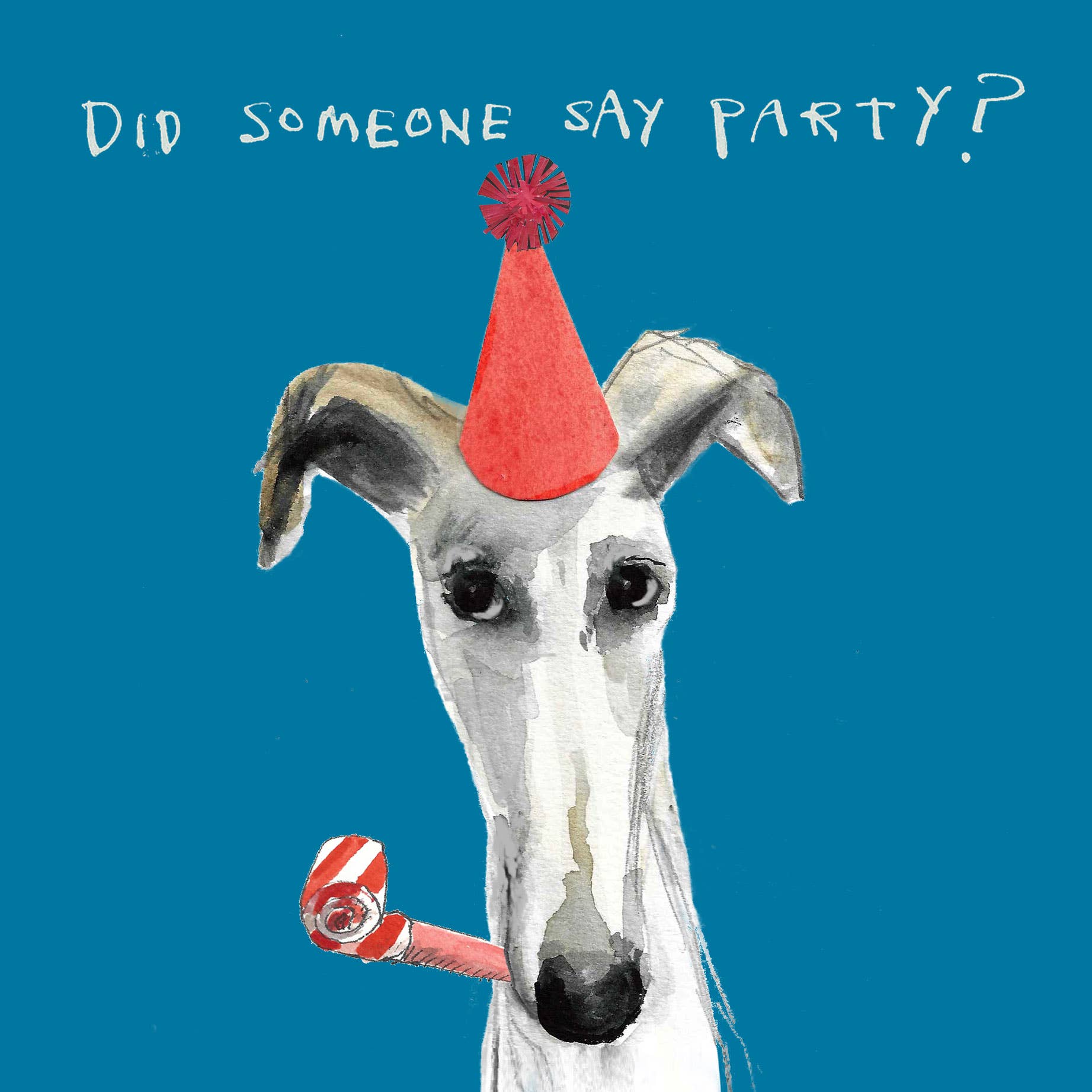 Greyhound/whippet with red party hat and a party whistle on a blue background. Wording reads Did someone say Party?