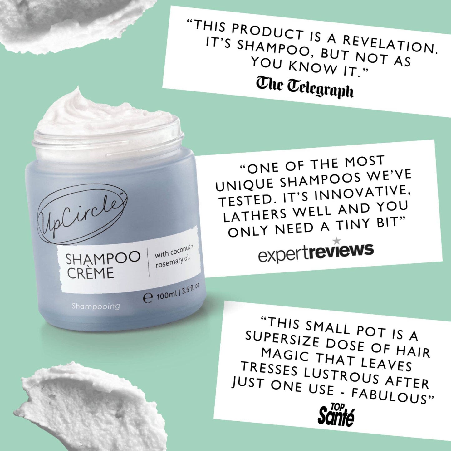 UpCircle Shampoo Crème jar with positive reviews on a light green background